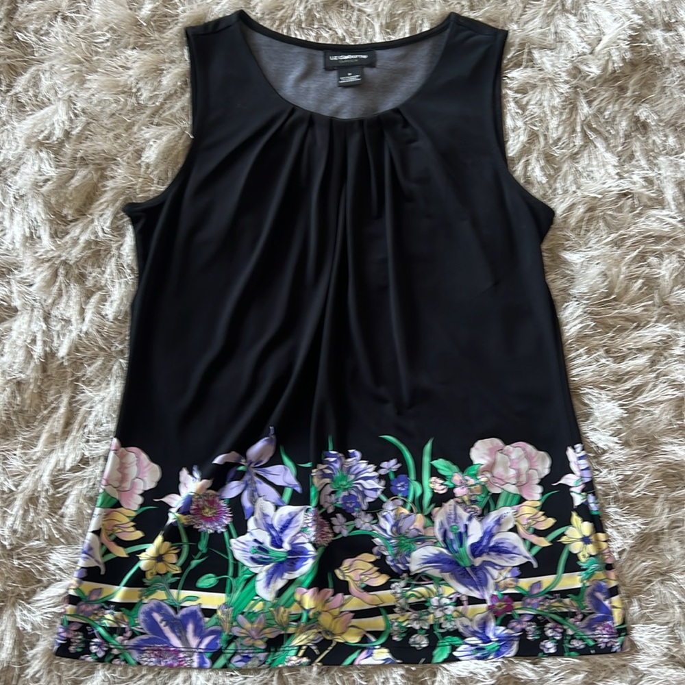 Liz Claiborne Woman’s Small Sleeveless Blouse Black Floral Pleated